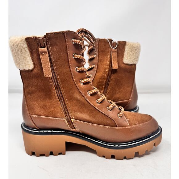 Violet and Red Alexa Brown Suede Fleece Trim Lug Combat Boots Size 6.5 NWOB - Picture 1 of 10